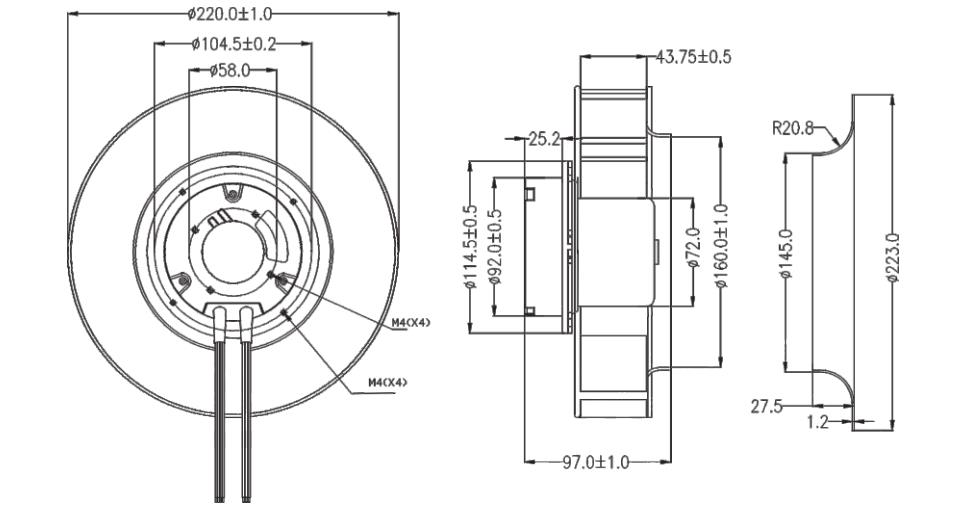 220mm EC plastic backward centrifugal fan 60W 2600 RPM(图2)